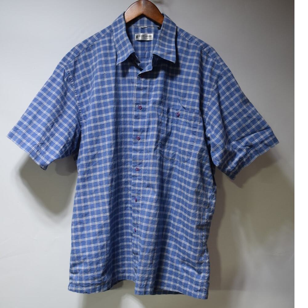 Hardy Amies London Blue Windowpane Plaid Short Sleeve Button Front Shirt Men XL